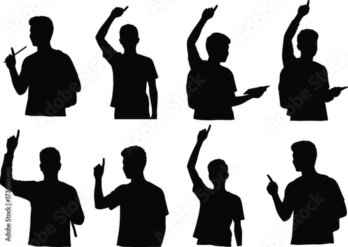 Collection of male student silhouettes raising hands, holding a pen and tablet, in poses showing question, answer, and participation.