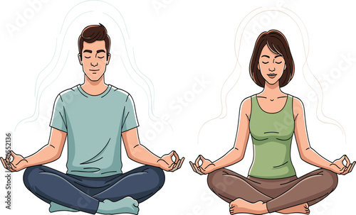 Man and woman meditating, yoga practice, mindfulness relaxation, inner peace, healthy lifestyle, stress relief, spiritual energy, breathing exercises, meditation posture, wellness balance