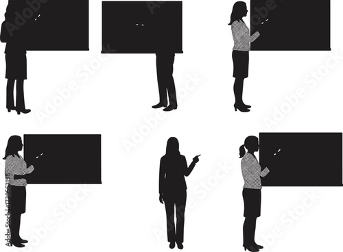 Collection of female teacher silhouettes writing and pointing at a blackboard, for education, business presentation, and teaching concepts.