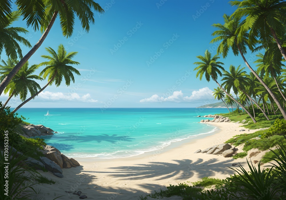 Obraz premium A serene tropical beach cove with turquoise water, white sand, and lush palm trees under a clear blue sky.