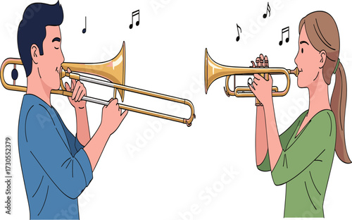 Man playing trombone, woman playing trumpet, jazz musicians, live performance, brass band, musical duet, concert stage, orchestra entertainment show