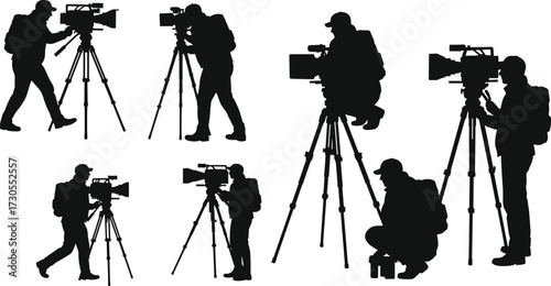 Collection of male filmmakers silhouettes, with vintage and modern cameras, directing and shooting a movie, black and white artistic.