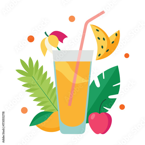 Refreshing orange juice in a tall glass with tropical leaves, fruit slices, and a straw