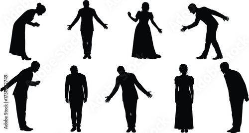 Collection of male and female silhouettes bowing, gesturing, and greeting, showing formal respect for an audience or on a stage.