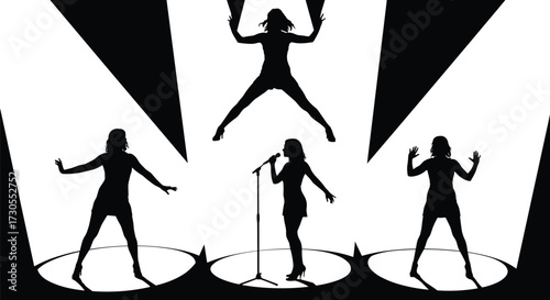 Collection of female singer silhouettes performing on a stage with dramatic spotlights, expressing emotion and energy in poses.