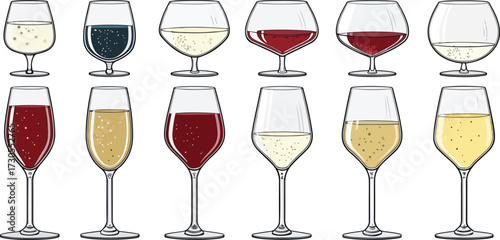 Colorful Wine Glass Vector Set – Red Wine, White Wine, Cocktail, and Party Drink Illustration