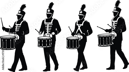 Collection of marching band drummers, male musicians in uniform with drum and drumsticks, silhouette marching on parade.