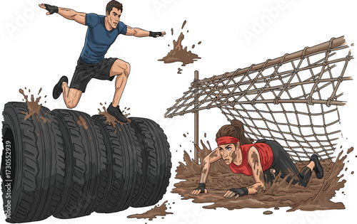 Man and woman competing in mud obstacle race, extreme sports, endurance challenge, teamwork, outdoor fitness, military training, adventure competition, strength