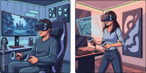 Man and woman using virtual reality headset, gaming and simulation, VR technology, immersive experience, digital entertainment, futuristic innovation, interactive environment