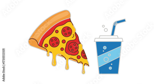 Cartoon illustration of a slice of pepperoni pizza with melting cheese next to a blue soda drink with a straw.