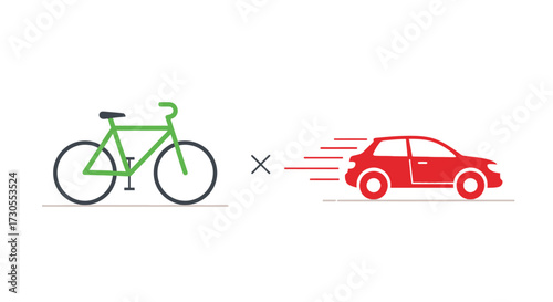 A green bicycle and a red car are shown with a multiplication symbol in between, symbolizing a concept.