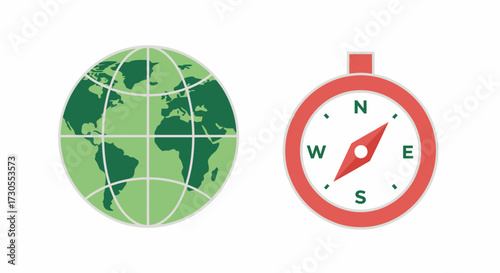 Illustration of a green globe showing continents and a red compass with cardinal directions, isolated on white.