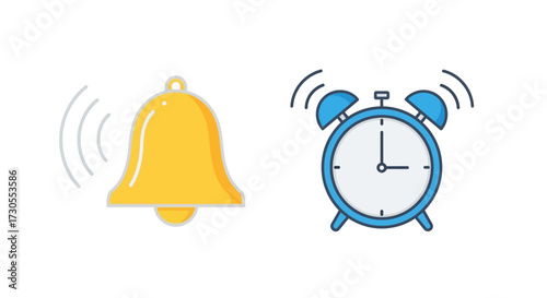 A ringing yellow bell and a blue alarm clock, illustrating the concept of time and alerts.