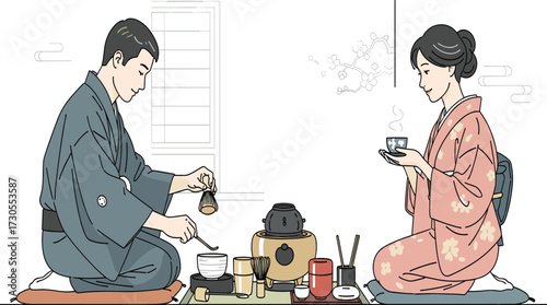 Traditional Japanese tea ceremony with man and woman in kimono, cultural heritage, matcha preparation, meditation, Asian lifestyle, harmony, authentic ritual
