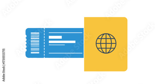 Illustration of a blue boarding pass next to a yellow passport with a globe graphic, representing travel.