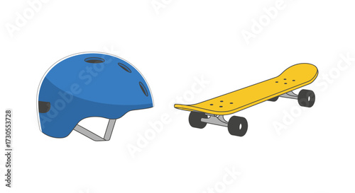 Illustration of a blue helmet and a yellow skateboard with black wheels on a white background.