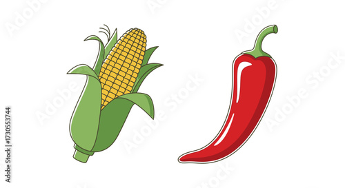 A vibrant illustration showcasing a fresh ear of corn next to a ripe, red chili pepper.