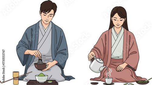 Traditional Japanese tea ceremony with man and woman in kimono, cultural ritual, matcha preparation, peaceful meditation, authentic Asian lifestyle, harmony