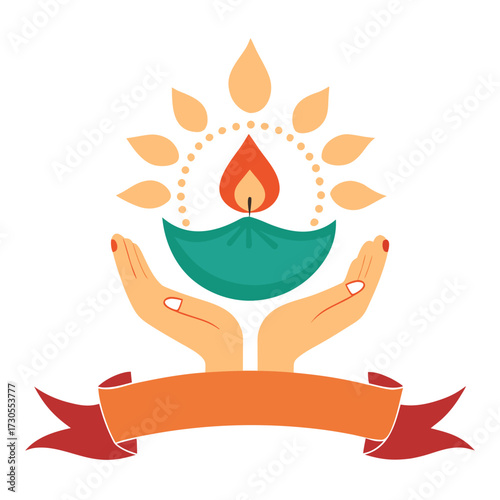 Diwali diya lamp held by hands with decorative elements and ribbon