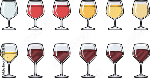Colorful Wine Glass Vector Set – Red Wine, White Wine, Cocktail, and Party Drink Illustration