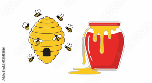 Illustration of a beehive surrounded by bees, next to a jar overflowing with honey.