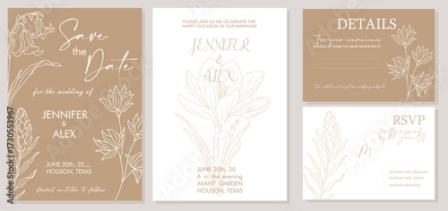 Elegant flat vector wedding invitation set with Save the Date, RSVP, and Details cards. Minimalist botanical design with trendy golden wildflower line art on neutral background