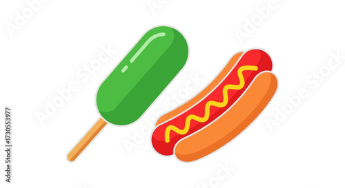 A vibrant illustration of a green popsicle and a delicious hot dog.