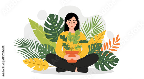 Serene woman meditating amongst lush green houseplants, embodying tranquility and well-being