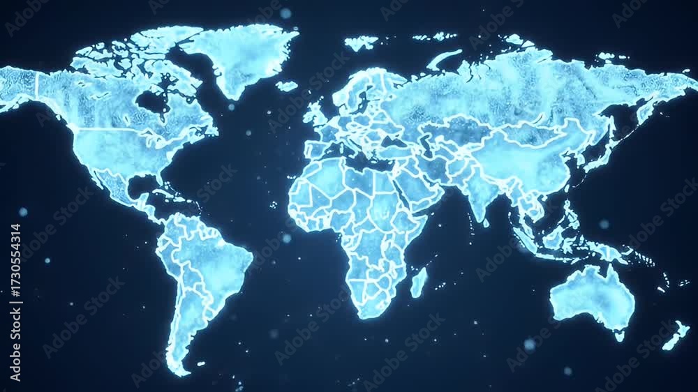 Glowing Digital World Map with Animated Glowing Borders and Particles ...