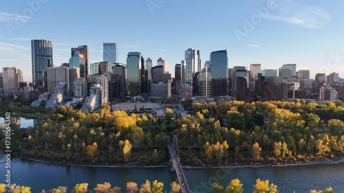 Aerial view of Calgary's skyline from Crescent Heights in autumn. 