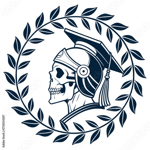 Symbolic Skull with Roman Helmet and Graduation Cap.