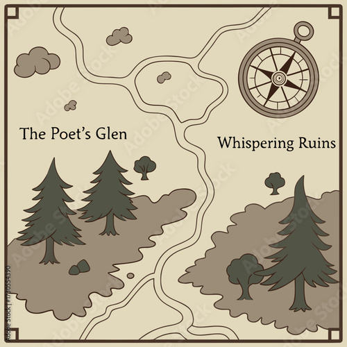 Vintage Fantasy Adventure Map with Compass and Forests.