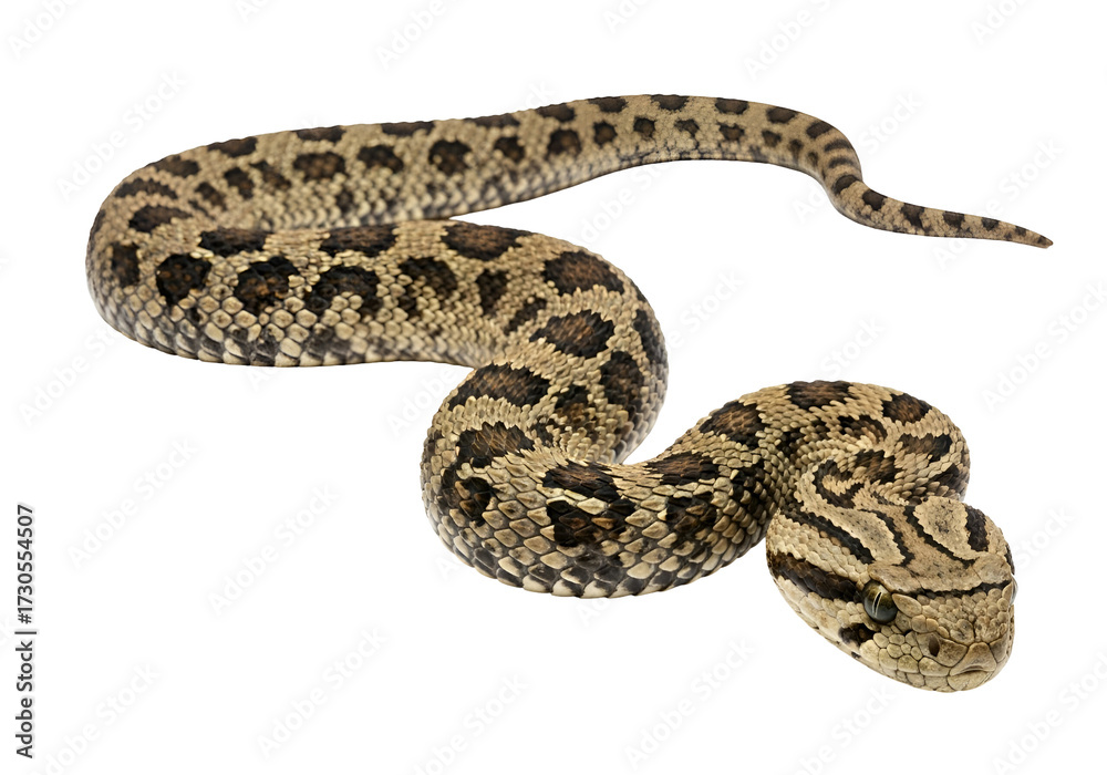 Fototapeta premium A detailed shot of a venomous snake, exhibiting its intricate scales and patterns against a black background.