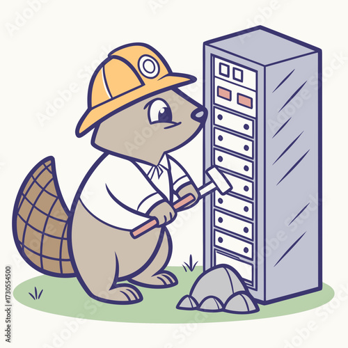 Cartoon Beaver Construction Worker Building a Server Rack.