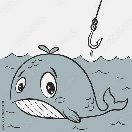 Sad cartoon whale character looking at a fishing hook.