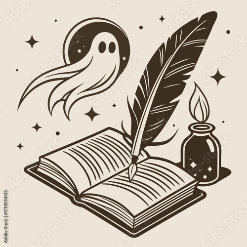 Spooky book with ghost and quill pen writing stories.