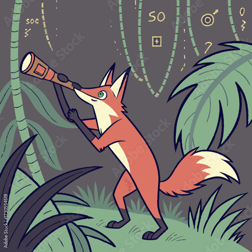 Red fox exploring with a spyglass in a jungle.