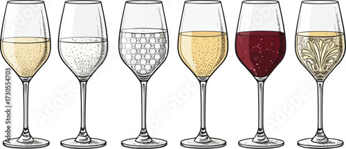 Colorful Wine Glass Vector Set – Red Wine, White Wine, Cocktail, and Party Drink Illustration