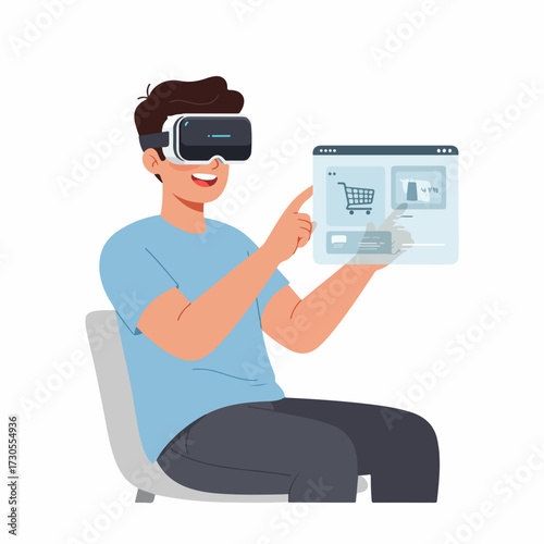 Cartoon Happy Man Wearing VR Headset Interacting with Digital Interface