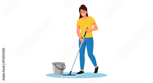 Happy woman cleaning floor with a mop and bucket, domestic chores and tidiness