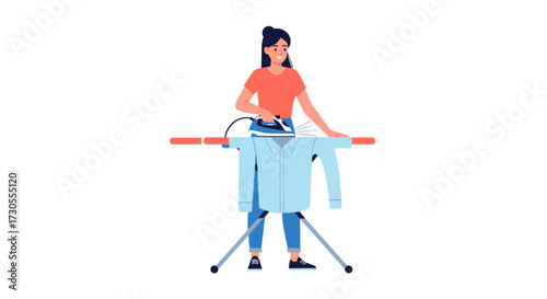 Woman Ironing Clothes at Home Household Chore and Daily Routine Illustration