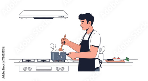 Man cooking in the kitchen, stirring a pot on the stove with a wooden spoon.