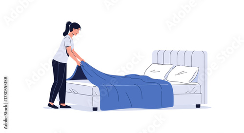 Woman Making Bed Creating a Clean and Comfortable Bedroom Space | Lifestyle & Home