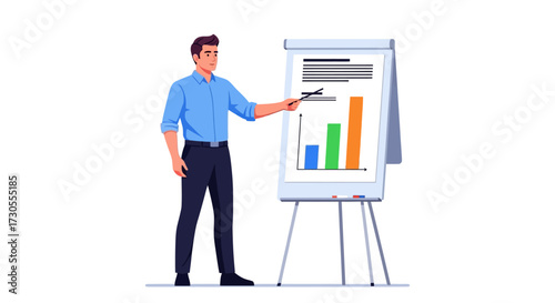 Business presentation with a man pointing to a bar chart on a flip chart