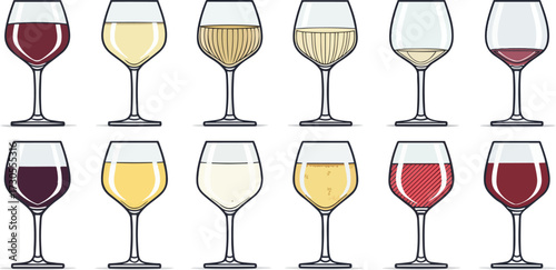 Colorful Wine Glass Vector Set – Red Wine, White Wine, Cocktail, and Party Drink Illustration