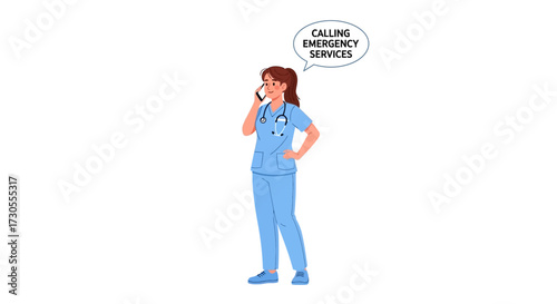 A medical professional in scrubs is calling emergency services on a phone.