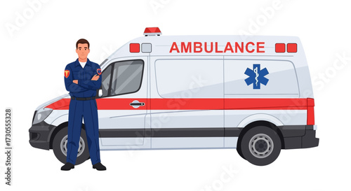 Paramedic Standing Proudly Next to a Fully Equipped Ambulance, Ready to Respond to Emergencies
