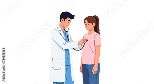 Pediatrician examines a young girl's throat while her father looks on, in a medical examination setting