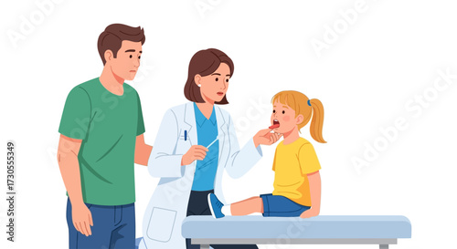 A concerned father watches as a doctor examines a young girl's throat.