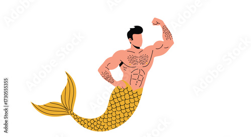 Muscular merman flexing his bicep with a yellow tail.
